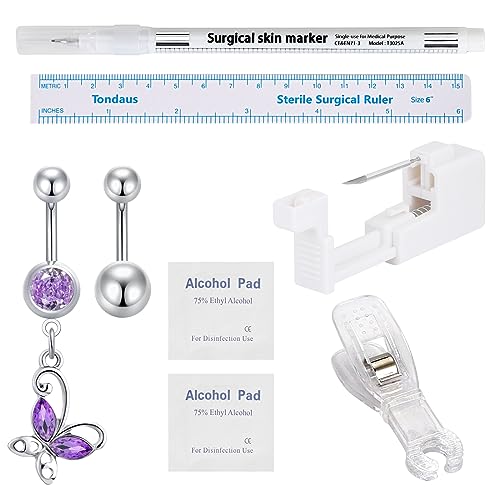 Oyaface 8 Pieces Belly Button Navel Piercing Kit Stainless Steel Piercing Needles Tools Safety Painless Self Piercing Gun Set with CZ Dangle Curved Barbells, Style C