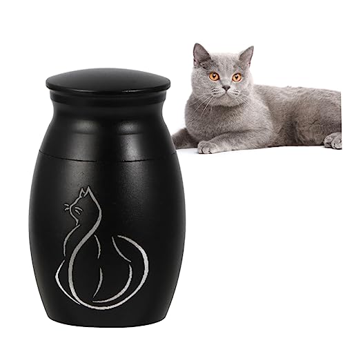 Yardenfun Pet Memorial Stainless Steel Cinerary Urn for Cats Cremation Container Adorable Cat Pattern Easy Open Screw Lid Black for Pet Ashes and Keepsakes