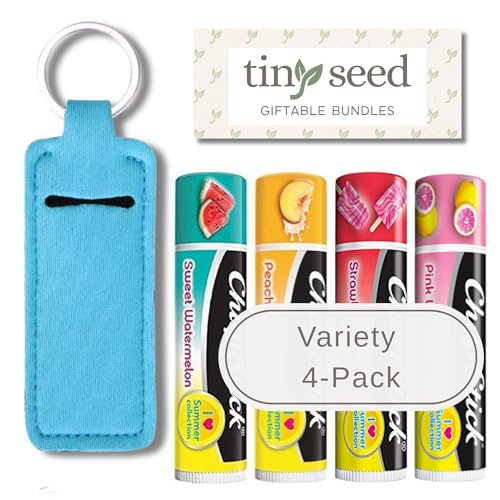 TINY SEED Gift Set: Variety 4-Pack Lip Balm: Strawberry Ice Pop, Pink Lemonade, Peaches & Cream, Sweet Watermelon. Limited Edition I Love Summer Collection. Includes Lip Balm Holder Keychain (Blue)