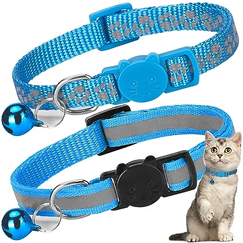 Bosose 2 Pack Cat Collar with Bells, Reflective Collars for Cats with Breakaway Safety Buckle, Nylon