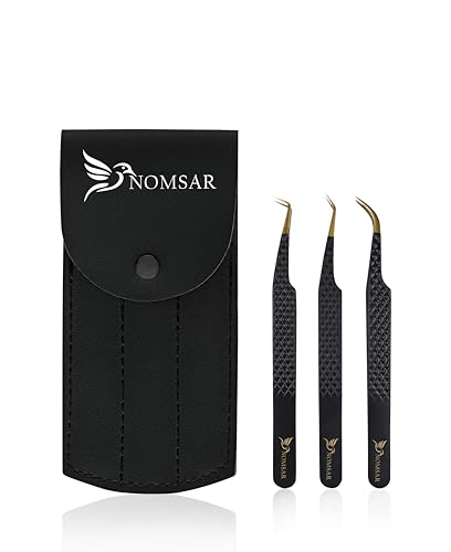 NOMSAR Eyelash Extensions Tweezers, Set of 3 - Stainless Steel with Diamond Grip for Volume lash Extension - Fiber Tip Tweezers for Multipurpose & Application (Black)