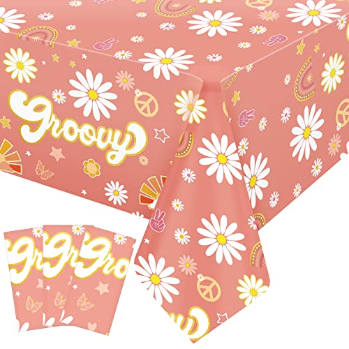 3 Pcs Groovy Table Cloth Groovy Table Covers Party Decorations Retro Hippie Boho Daisy Flower Bohemian Plastic Tablecloths Cover 60's Disposable Rainbow 54x108 Inches