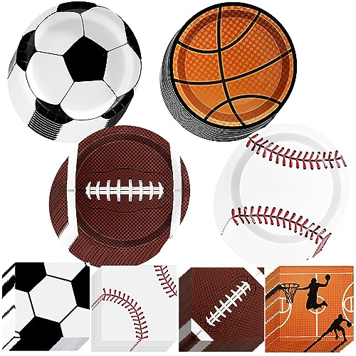 Sports Birthday Party Decorations 80Pcs Sports Party Plates and Napkins Baseball Football Soccer Basketball Rugby Disposable Paper Plates Napkins for Boy Birthday Party Decoration Supplies Favors