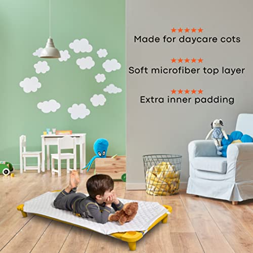 COTMAT Padded Daycare Cot Sheet for Toddlers. Extra Padding for Comfy Preschool Naps. Includes Elastic Corner Straps & Name tag. Standard Size