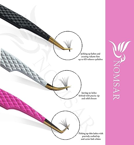 NOMSAR Eyelash Extensions Tweezers, Set of 3 - Stainless Steel with Diamond Grip for Volume lash Extension - Fiber Tip Tweezers for Multipurpose & Application (Black)