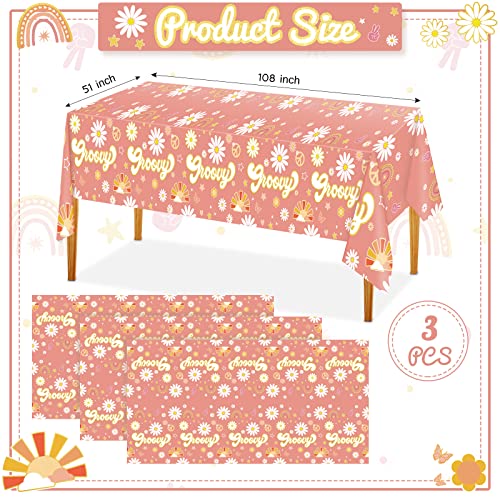 3 Pcs Groovy Table Cloth Groovy Table Covers Party Decorations Retro Hippie Boho Daisy Flower Bohemian Plastic Tablecloths Cover 60's Disposable Rainbow 54x108 Inches