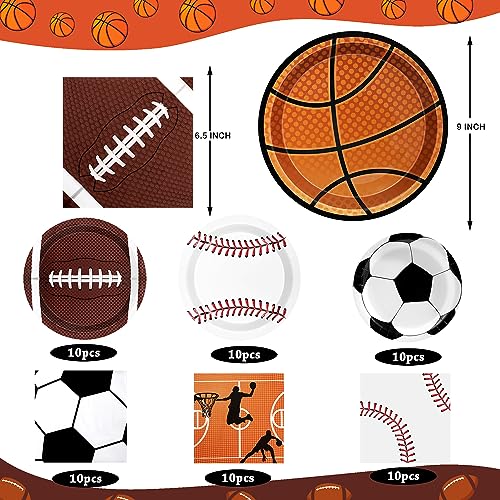 Sports Birthday Party Decorations 80Pcs Sports Party Plates and Napkins Baseball Football Soccer Basketball Rugby Disposable Paper Plates Napkins for Boy Birthday Party Decoration Supplies Favors