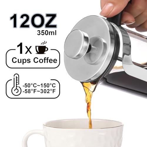 French Press Coffee Maker Carafe Coffee Presser Heat Resistant Glass with 3 Level Filtration System Stainless Steel Brews Coffee and Tea Press 12 Oz