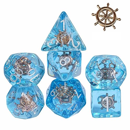 UDIXI 7PCS Polyhedral Dice Set D&D Filled with Rudder, Blue DND Dice with White Floating Silk for Dungeons and Dragons RPG and Other Tabletop Games