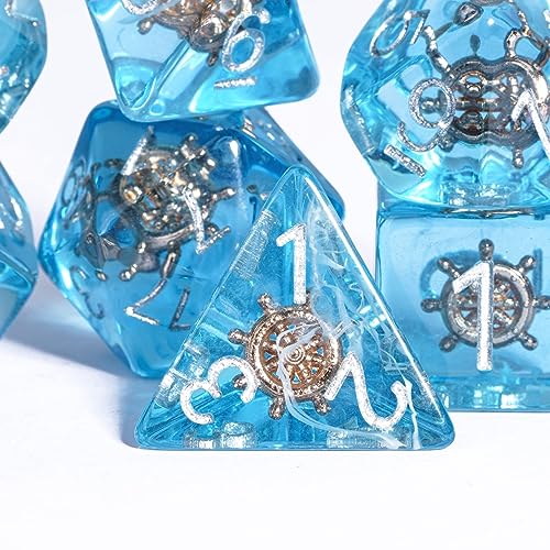 UDIXI 7PCS Polyhedral Dice Set D&D Filled with Rudder, Blue DND Dice with White Floating Silk for Dungeons and Dragons RPG and Other Tabletop Games