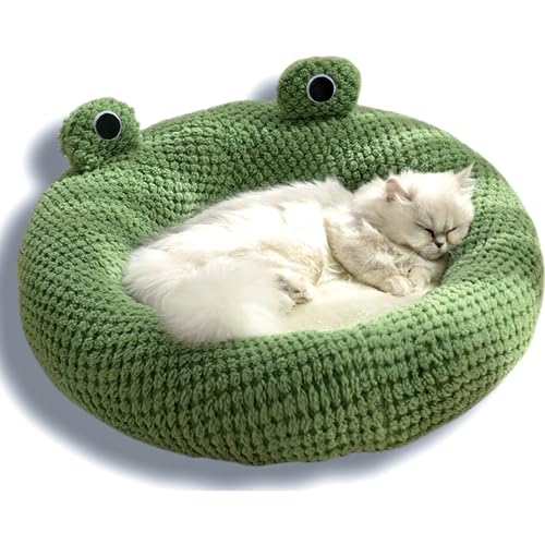 Cute Frog Plush Cat Bed 2023 Round Fluffy Kawaii Pet Mat Warm Cozy Cuddler Joint-Relief Washable (Green 1)