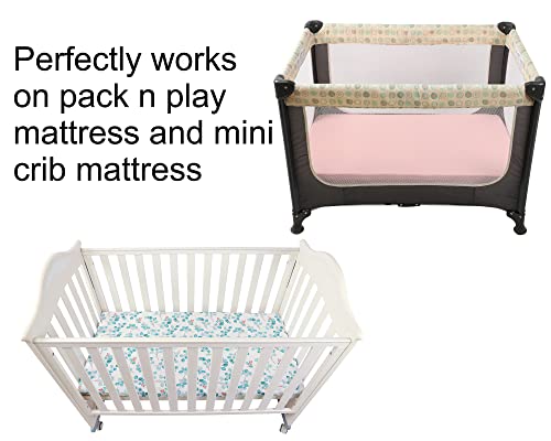 Pack n Play Sheets 2 Pack for Baby Girl, Stretchy Jersey Knitted Playard Fitted Sheets Portable Mini Crib Mattress Cover, Watercolor Green Leaf and Plain Pink