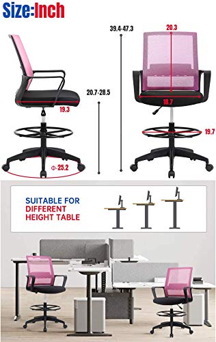Home Office Tall Drafting Chair, Ergonomic Standing Drafting Office Chair Adjustable Height with Lumbar Support Arms Footrest Mid Back Desk Chair, Swivel Rolling Simple Chic Mesh Computer Chair, Pink