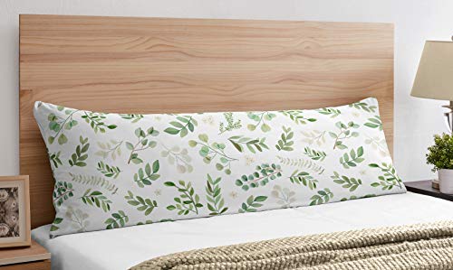 Sweet Jojo Designs Floral Leaf Body Pillow Case Cover (Pillow Not Included) - Green and White Boho Watercolor Botanical Woodland Tropical Garden