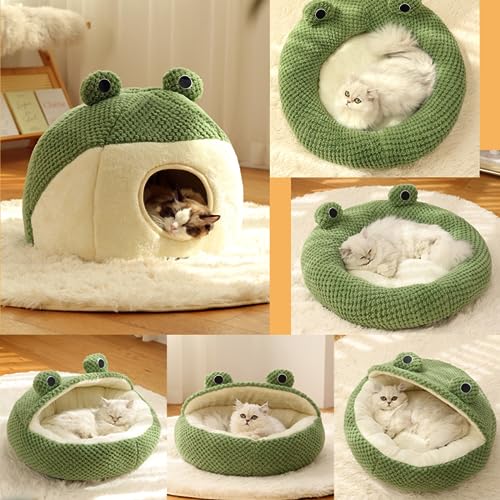 Cute Frog Plush Cat Bed 2023 Round Fluffy Kawaii Pet Mat Warm Cozy Cuddler Joint-Relief Washable (Green 1)