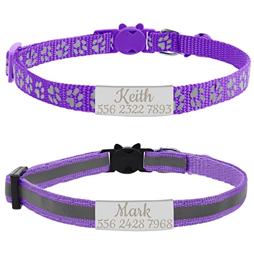 CAMAL 2 Pack Reflective Cat Collar Personalized, Breakaway Cat Collars with Stainless Steel Pet ID Tags Personalized, Custom Cat Collar with Bell for Girls & Boys (Purple)