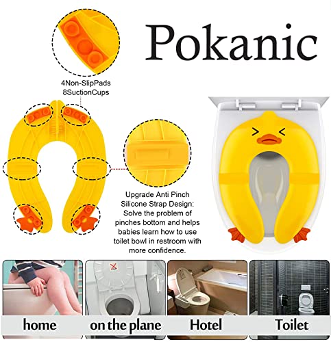 POKANIC Toilet Potty Training Seat Cover, Travel Toilet Seat, Folding Non Slip Silicone Pads, Travel Portable Reusable Kids Toddlers Boys Girls, Carry Bag (Yellow - Duck)
