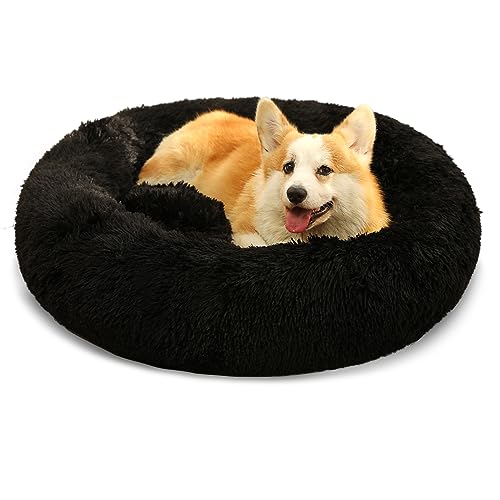 Kimpets Dog Calming Beds for Small Medium Large Dogs - Round Donut Washable Puppy Dog Bed, Anti-Slip Faux Fur Fluffy Donut Cuddle Anxiety Cat Pet Bed(28'' Black)