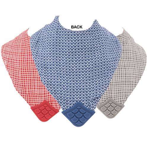 Nuby Reversible 100% Natural Cotton Muslin 3 Piece Teething Bib, Grey/Red/Blue, Arrows/Red Stripes/Elephants