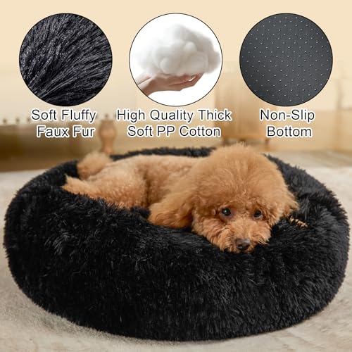 Kimpets Dog Calming Beds for Small Medium Large Dogs - Round Donut Washable Puppy Dog Bed, Anti-Slip Faux Fur Fluffy Donut Cuddle Anxiety Cat Pet Bed(28'' Black)