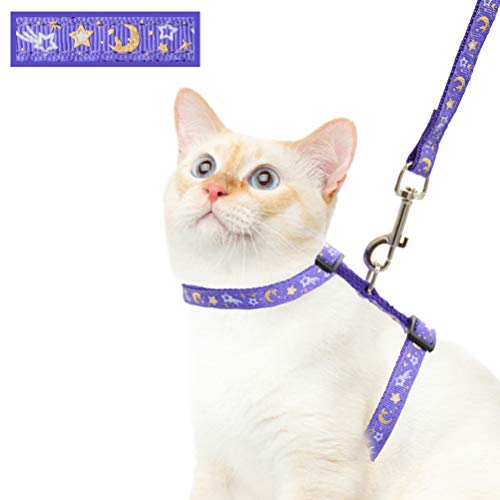 Cat Harness and Leash Set for Outdoor Walking Escape Proof Adjustable Soft Safety Strap with Golden Star and Moon Design Glow in The Dark Purple XL