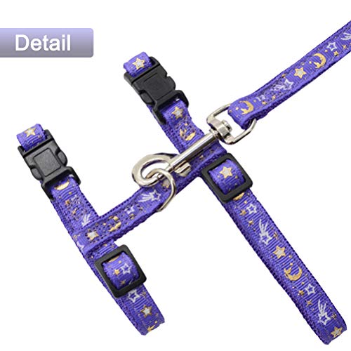Cat Harness and Leash Set for Outdoor Walking Escape Proof Adjustable Soft Safety Strap with Golden Star and Moon Design Glow in The Dark Purple XL