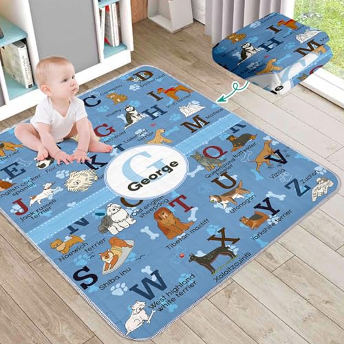 Duckbe ABC Play Mat Custom with Name, Crawling Mat for Baby Floor Tummy Time, Personalized Infant Rug Foldable Toddler Playmat Gift Blue Dogs(47