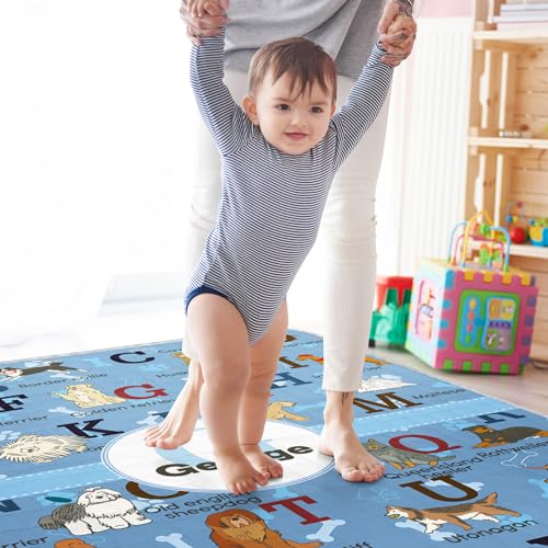 Duckbe ABC Play Mat Custom with Name, Crawling Mat for Baby Floor Tummy Time, Personalized Infant Rug Foldable Toddler Playmat Gift Blue Dogs(47