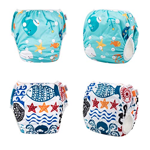 ALVABABY 2pcs Swim Diapers Baby & Toddler Snap One Size Reusable Adjustable Baby Boy Cartoon Fish Small DYK05