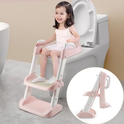 PandaEar Toilet Potty Training Seat with Step Stool Ladder, Comfortable Safe Potty Seat with Anti-Slip Pads Ladder for Kids Boys Girls Toddlers (Pink)