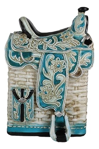 Ebros Gift Rustic Western Country Turquoise Blue Cowboy Horse Saddle with Floral and Wicker Basket Design Money Coin Savings Piggy Bank Figurine 7