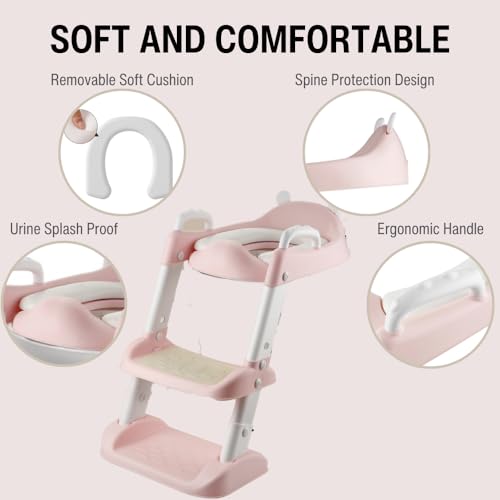 PandaEar Toilet Potty Training Seat with Step Stool Ladder, Comfortable Safe Potty Seat with Anti-Slip Pads Ladder for Kids Boys Girls Toddlers (Pink)