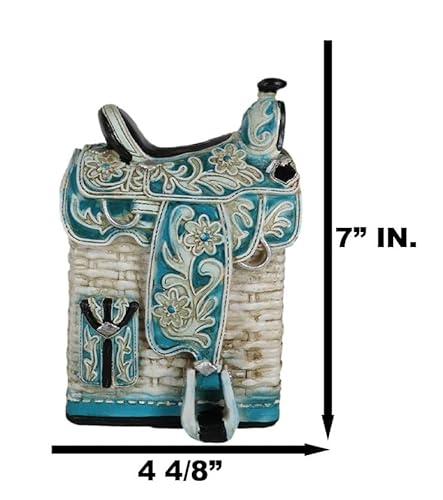 Ebros Gift Rustic Western Country Turquoise Blue Cowboy Horse Saddle with Floral and Wicker Basket Design Money Coin Savings Piggy Bank Figurine 7