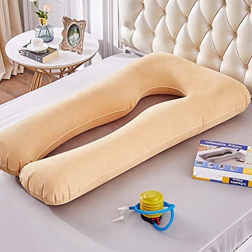 MJMH Updated Large Inflatable Pillow Flocked Fabric Pregnancy Pillow Maternity Pillow Nursing Pillow Sleeping Pillow Body Pillow Travel Pillow Home Use and outdoor Use 55 inch US Stock (Light Tan)