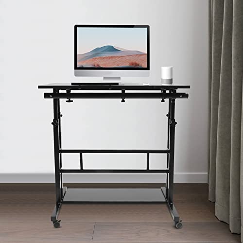 Mobile Stand Up Desk, Standing Desk Adjustable Height, Home Office Workstation, with Standing & Seating 2 Modes, Tilting Tabletop & Flexible Wheels, Rolling Laptop Cart Sit Stand Desk (Black)