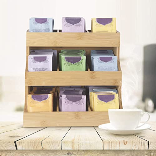 Luxshiny Vertical Tea Bag Organizer, Wooden Tea Bag Holder 9 Compartments 3-tier Wooden Tea Box Tea Chests Coffee Condiment Holder for Home Office Cafe Cabinet Countertop
