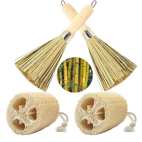 4pcs Wok Brush,tawashi Brush Include 2 Traditional Natural Bamboo Brush,Bamboo Brush
