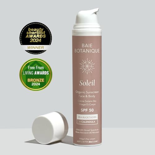 Baie Botanique Soleil - Organic Mineral Non Toxic Sunscreen for Face and Body SPF 50 - Sea Buckthorn & Calendula - Natural - Vegan - No White Cast - Chemical Filter Free - Reef Safe -UVA/UVB