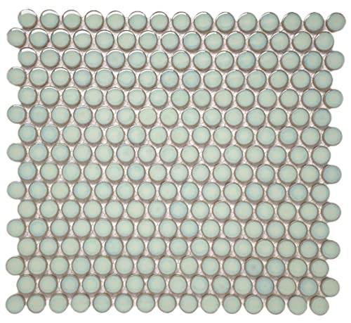 Tenedos Penny Round Vintage Light Green Glossy Porcelain Mosaic Tile – 1 Sheet for Bathroom Floor/Wall, Kitchen Backsplash, Pool and Accent Areas
