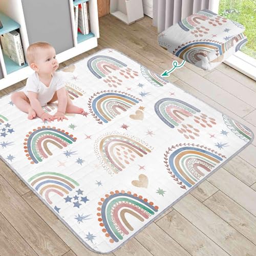 Duckbe Rainbow Baby Play Mat Crawling Mat for Toddler Kids Boys Girls, Foldable Padded Cushy Infant Rug for Floor Tummy Time Play Area Nursery Decor (47″x 59″)