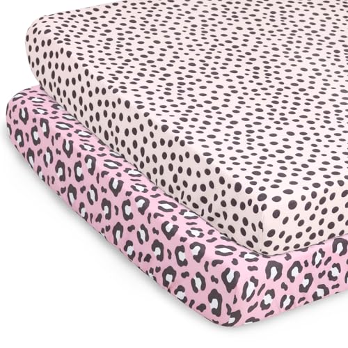 The Peanutshell Fitted Pack n Play, Playard, Mini Crib Sheets for Baby Girls | 2 Pack Set | Cheetah Animal Print