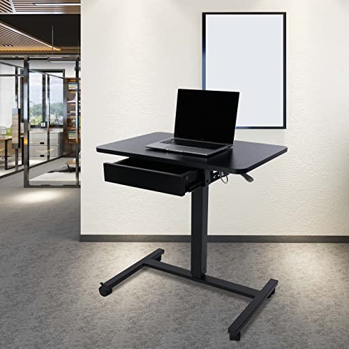 CLATINA Adjustable Mobile Laptop Standing Desk – Height-Adjustable Teacher Podium with Lockable Wheels and Drawer, Ideal Table for Home Office and Classroom, Black
