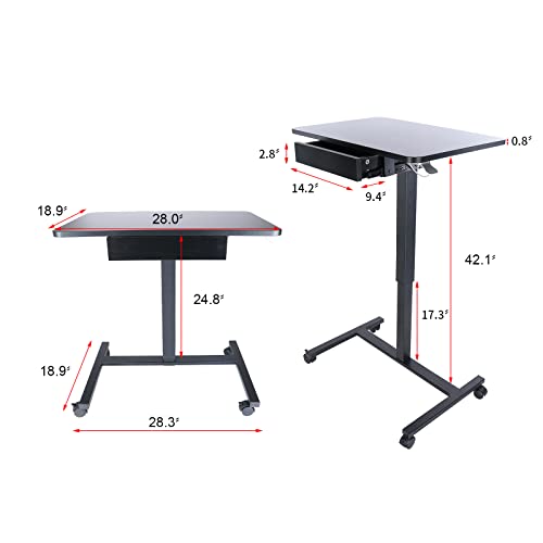 CLATINA Adjustable Mobile Laptop Standing Desk – Height-Adjustable Teacher Podium with Lockable Wheels and Drawer, Ideal Table for Home Office and Classroom, Black