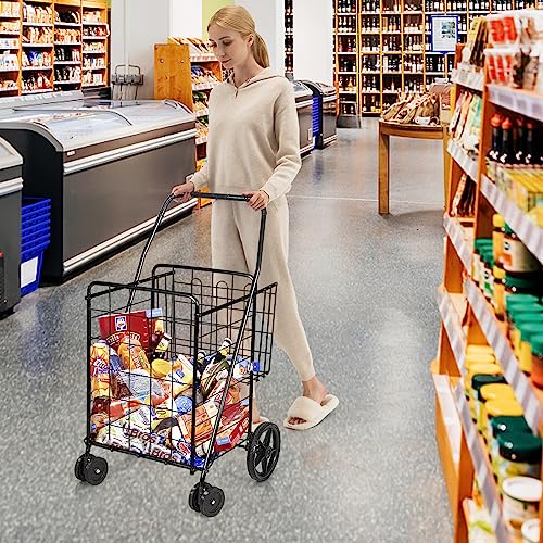 GOFLAME Folding Shopping Cart, Rolling Metal Utility Cart with Additional Back Basket, Dual Universal Wheels, Heavy Duty Grocery Cart Large Size for Laundry, Groceries, Camping (Black)