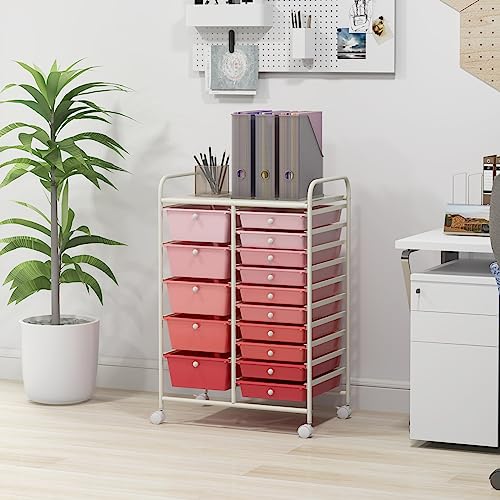 HAPPYGRILL 15-Drawer Rolling Cart, Storage Carts with Removable Drawers & Steel Frame, Utility Cart on Lockable Wheels for Home, School, Office, Pink