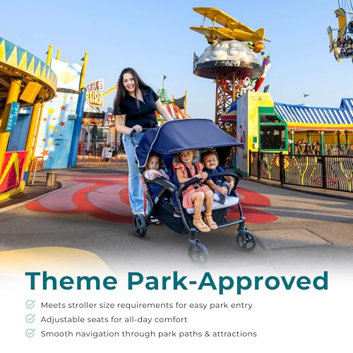 Gaggle by Foundations Odyssey 4 Seat Quad Stroller | 4-Seat Stroller for Daycare | Oversized Canopy and Bench Seats | 5-Point Harness | Foot Brake | All Terrain Tubeless Wheels | Blue