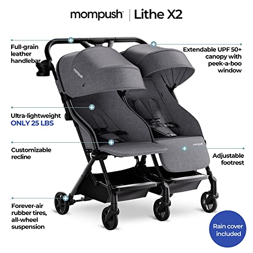 Mompush Lithe Double Stroller, Lightweight Side by Side Stroller for Newborn and Toddler, Easy Fold, Spacious Seats with Recline, UPF50+ Canopy