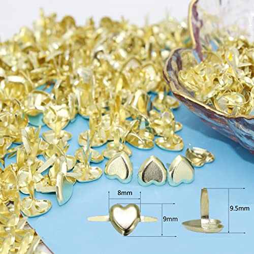 BESTCYC 200pcs 9MM Heart-Shaped Golden Tone Brads Pastel Scrapbooking Card Making Stamping