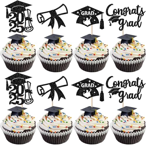 Rsstarxi 36 Pack 2025 Graduation Cupcake Toppers Glitter Class of 2025 Grad Cap Diploma Cupcake Picks for Congrats Grad 2025 Graduation Theme Party Cake Decorations Supplies Black