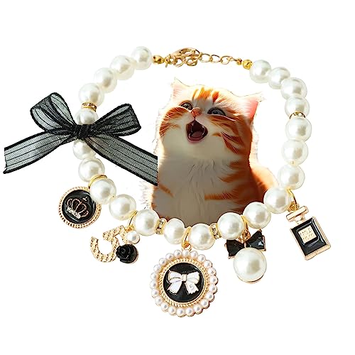 YEZILUU Fashion pet Necklace cat Collar,Cat Pearl Collar, Kitty Puppy Bell Necklace, Cute Personalized pet Gifts for cat Lovers (S, Black)